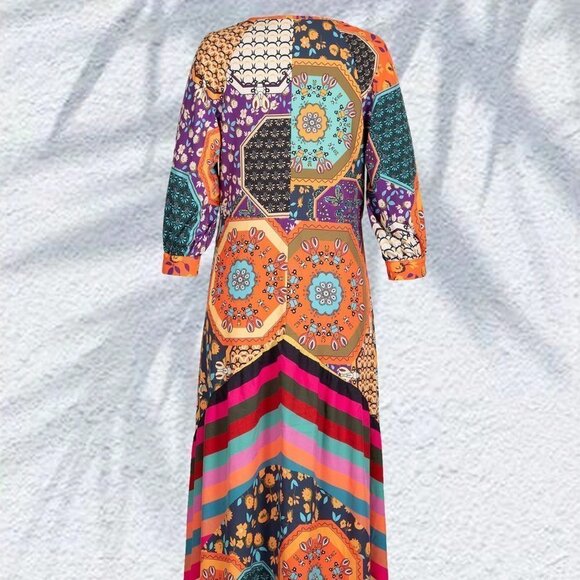 Multicolor Boho Women's Stitching Design Lantern Sleeve Print Dress - Picture 3 of 5